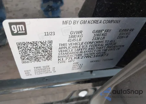 2024 Chevrolet Trax Fwd Activ из США, поврежденный, VIN KL77LKE27RC166973